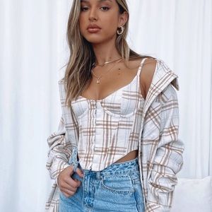 White Fox Boutique Plaid Bustier Cream Corset top + oversized flannel!